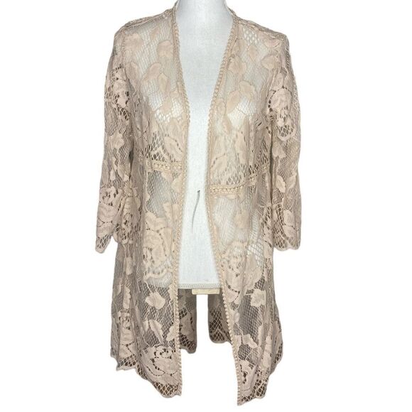 Miss Chievous Wm’s Sz S/M Tan Open Front Lace Crochet Draped Cover-Up Cardigan - Picture 1 of 4